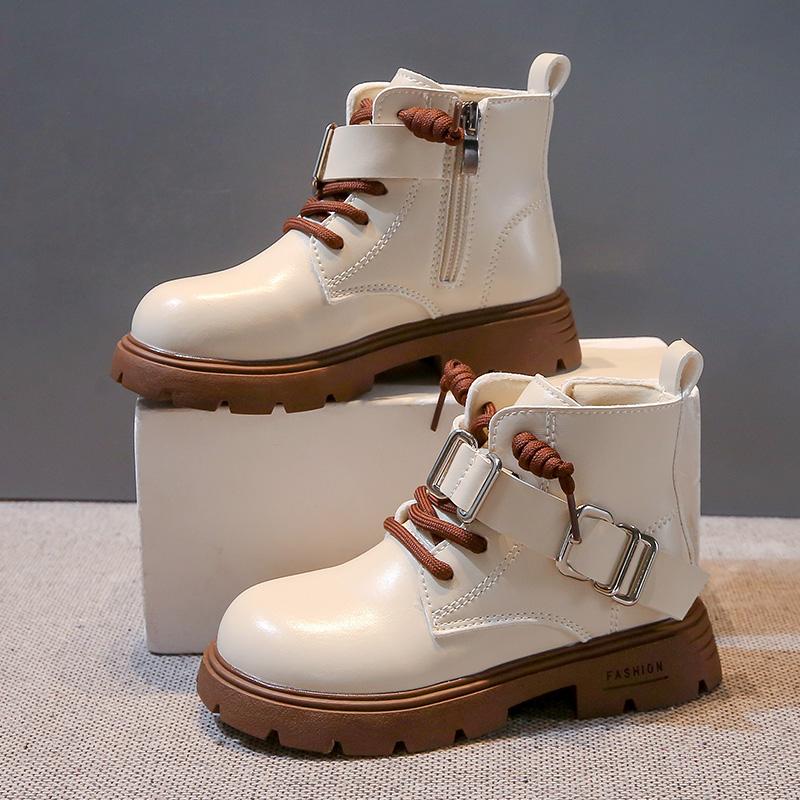Spring Autumn Girl's Ankle Boot New Versatile Kids Causal Boots Black Beige Versatile Children Leather Boots Round-toe Non-slip