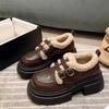 Brown velvet small leather shoes women's winter new retro soft leather versatile women's shoes