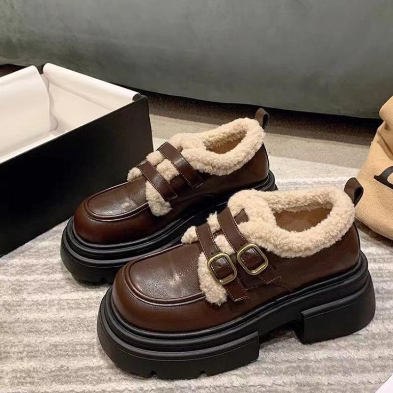 Brown velvet small leather shoes women's winter new retro soft leather versatile women's shoes