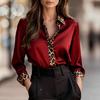 Damen-Hemd mit Leopardenmuster, Rundhalsausschnitt, Satin-Patchwork, Figurbetont, Langarm, Frühling/Herbst