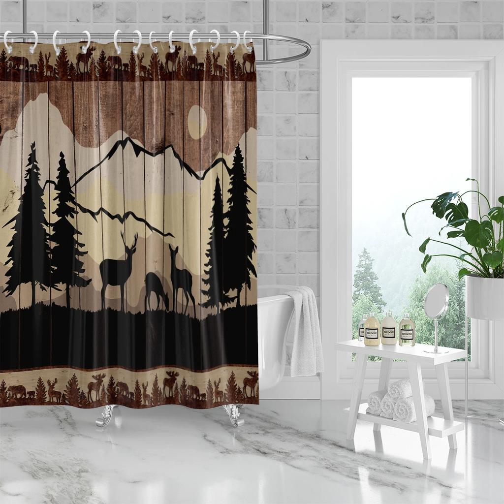 1PC forest and animal pattern printed shower curtain, waterproof, washable, with 12 hooks, bathroom shower, bathtub, home use