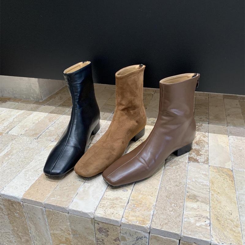 Niche square head short boots women's 2025 new Korean version flat-bottomed thin boots retro Chelsea boots Martin boots