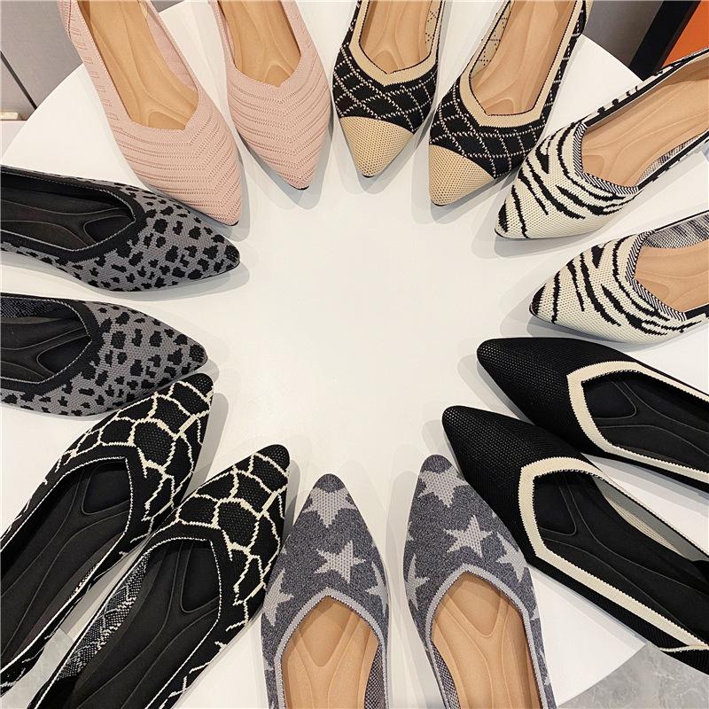 New fly-woven women's shoes pointed tip breathable flat-soled single shoes knitted comfortable soft sole casual
