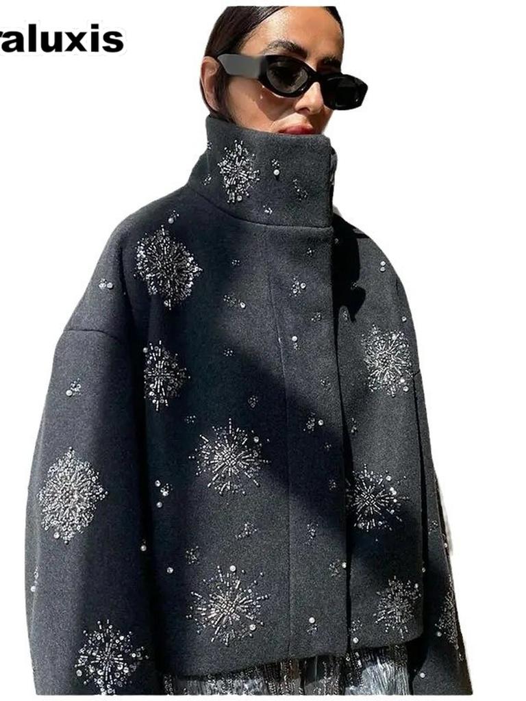 Nowość - Jesienna Kurtka Damska, Luźny Krój, Jednorzędowa, Stójka, Kwiatowe Płatki Sequins, Styl Uliczny Płaszcz