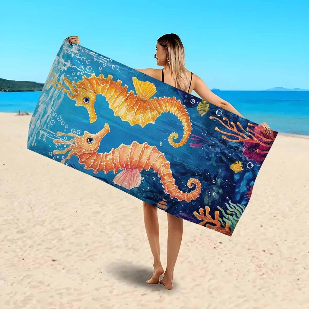 Lebhaftes Seepferdchen & Korallenriff Unterwasser Design Muster Schwimmtuch Sommer Strand Camping Schwimmbad Reiseutensilien