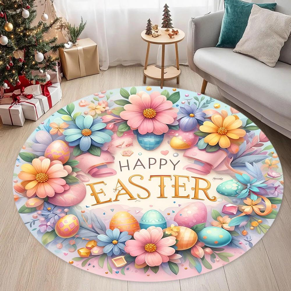 Easter Bunny Circular Carpet Rabbit Floral Print Living Room Bedroom, Soft Carpet Festive Atmosphere Decoration Rug
