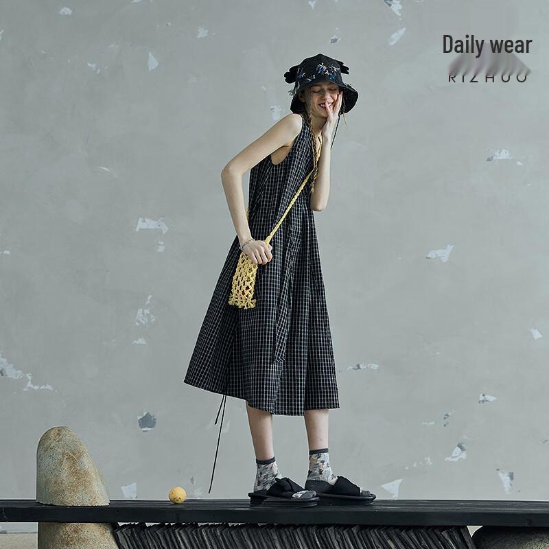 Rizhuo Women s Tile Grid Sleeveless A-line Dress M