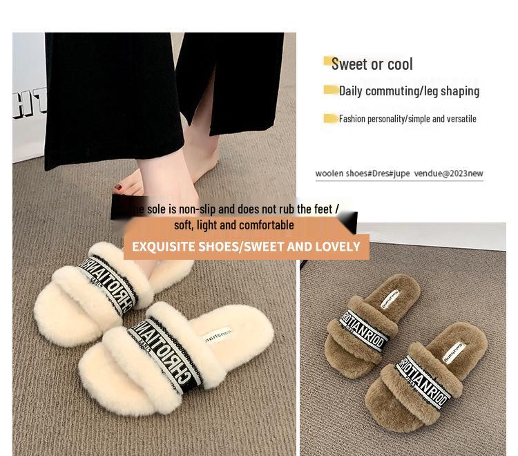 2025 Autumn/Winter Women's Fuzzy Flat Slippers - One-Strap, Letter Design, Versatile Korean Style, Warm Outdoor Footwear (EU)