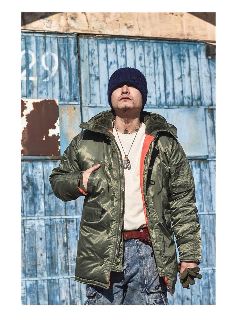 Normanlong Men's N3B Military Style Hooded Cotton Coat – Winter Mid-Length Jacket
