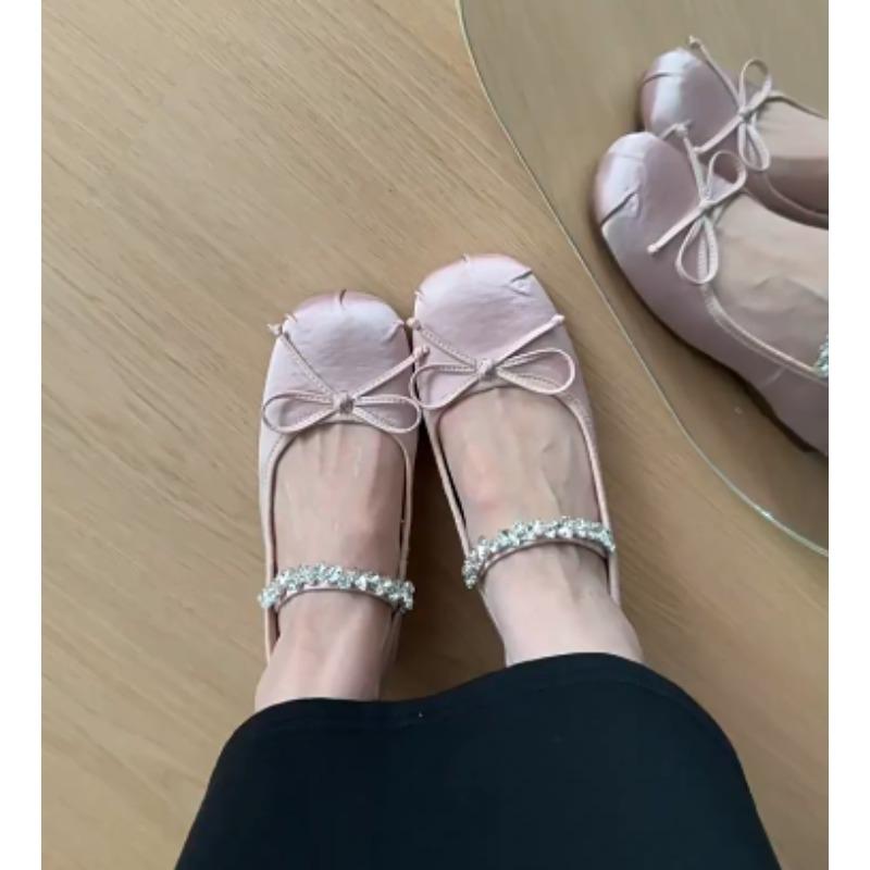 Ballet Flats Shoes Women Mary Jane Shoes Lady Fashion Rhinestone Bowknot Height 4CM High Heel Shoes for Woman's Spring/Autumn