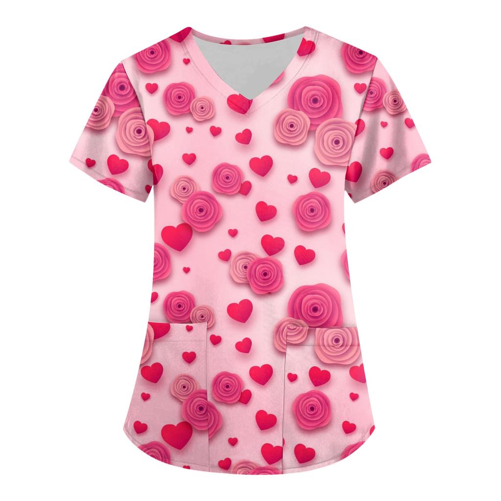 Women's Fashion V-neck Short Sleeve Workwear With Pockets Valentine's Day Printed Tops