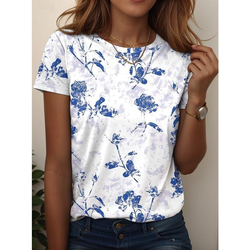 Damen T-Shirt Print Floral Grafik Pflanzen Vintage Stilvoll Klassisch Kurzarm Rundhals Normale Oberteile