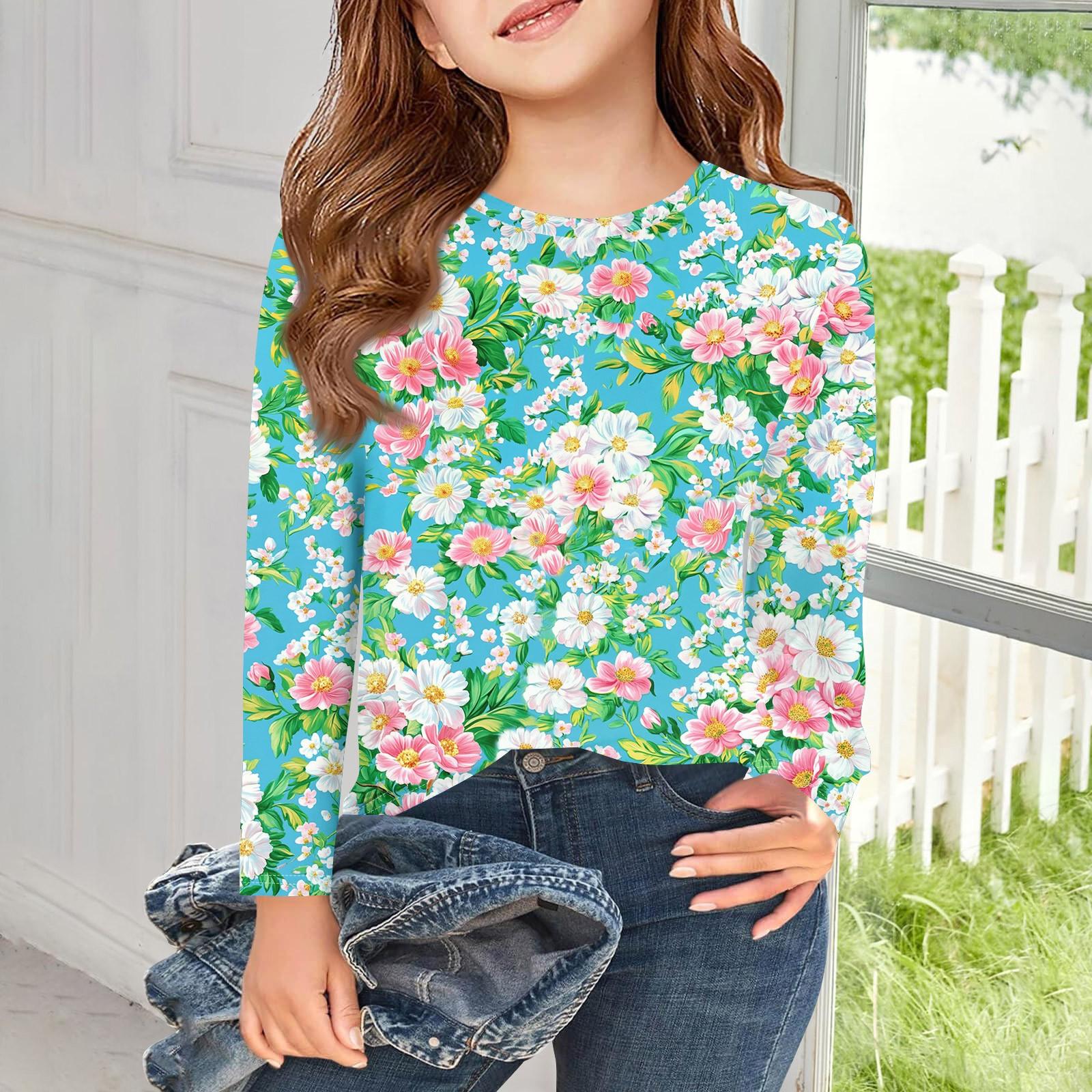 

Футболки с длинным рукавом для девочек, детские осенние топы с круглым вырезом и принтом, базовые футболки для детей 5–14 лет 120 зелёный