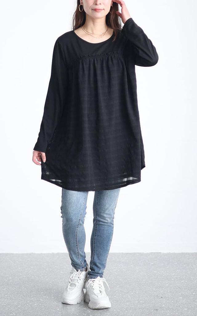 Gold Japan Plus Size Long Check Black Women's Tunic, Sleeve, A-Line, Flared, Pattern, Stretch, Gathered, Winter, Spring, Autumn, Cast-5542019, 3L,