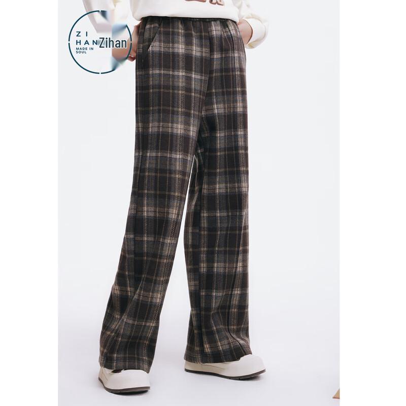 ZIHAN Women's Retro Coffee Plaid Wide-Leg Pants