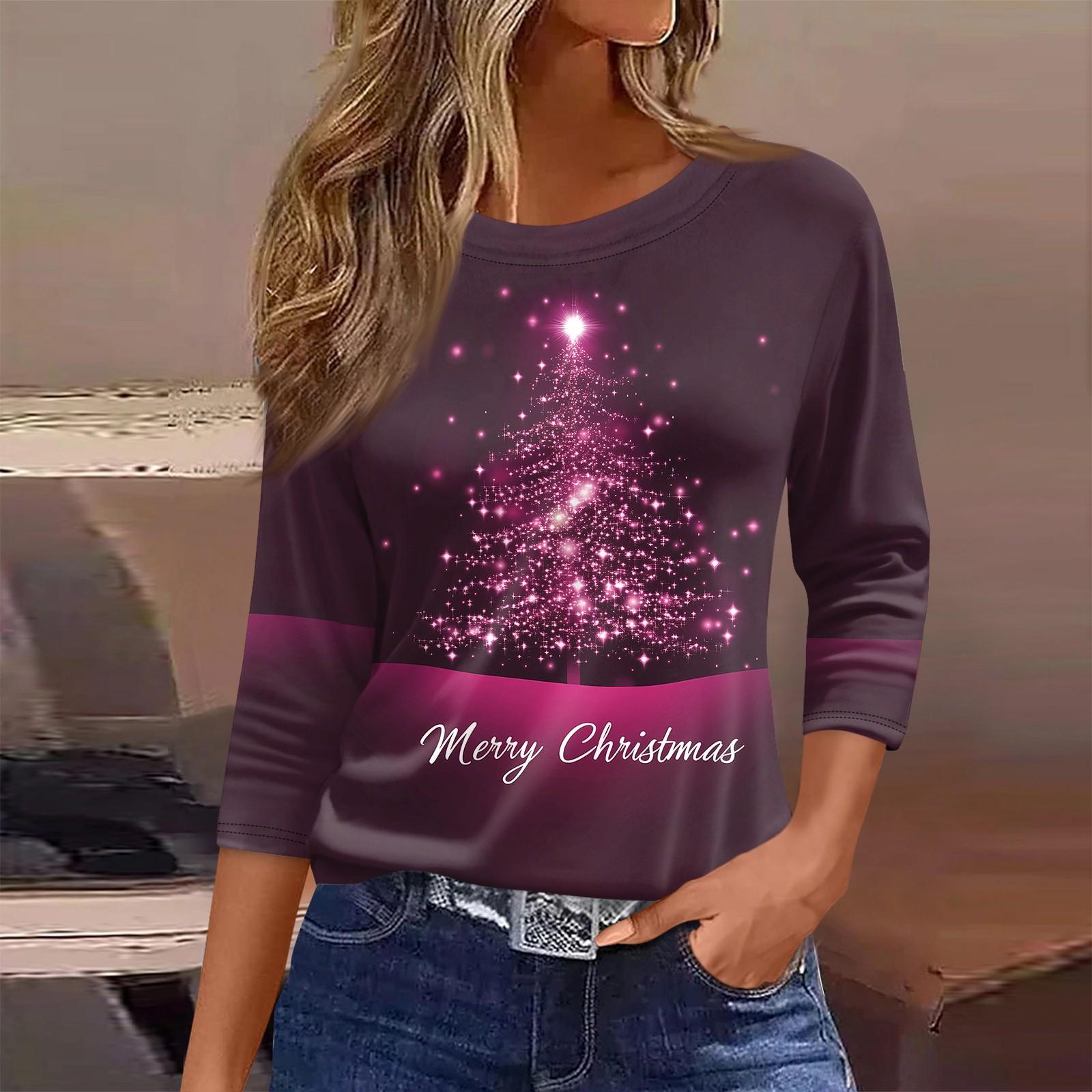 

Женская футболка с рождественским принтом, рукав 3/4, повседневная, модная, на выходные, базовая, с круглым вырезом, стандартный топ S