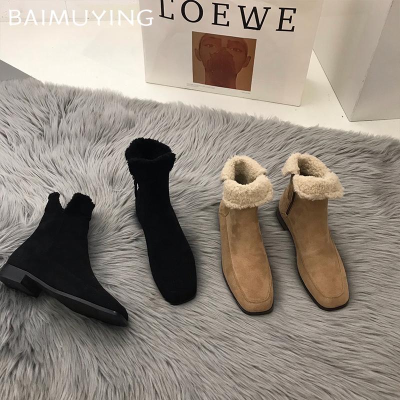Suede Fur Women Flats Snow Ankle Boots Square Toe Short Plush Winter Cotton Shoes 2025 Trend Walking Warm Cozy Botas De Mujer