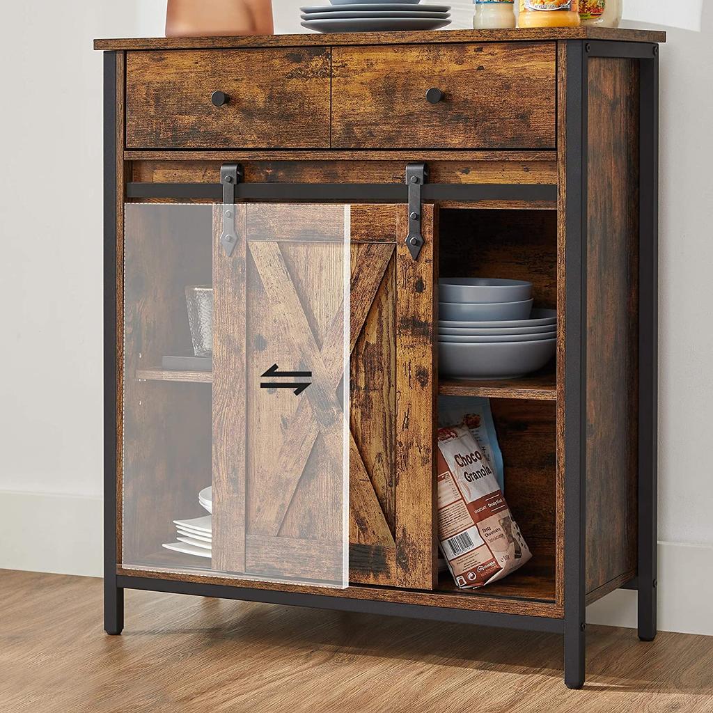 VASAGLE Armadio Contenitore, Credenza e Mobile TV, Mobile a Terra Autoportante con 1 Cassetto e Porta a Scomparsa Stile Rustico, Industriale, Marrone Rustico e Nero
