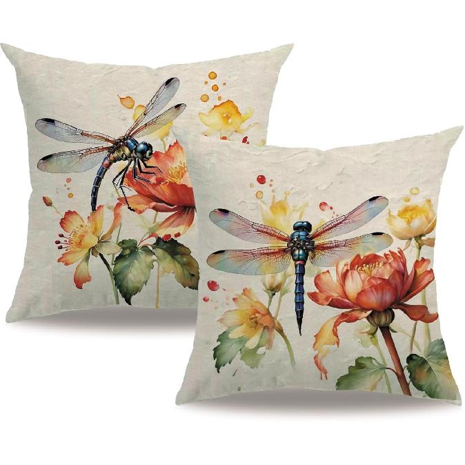 7COLORROOM Dragonfly Pillow Covers 18 X 18 Inch Wildflowers Color Dragonfly Cushion Covers Flower Holiday Rustic Farmhouse Decoration 2Pack for Sofa