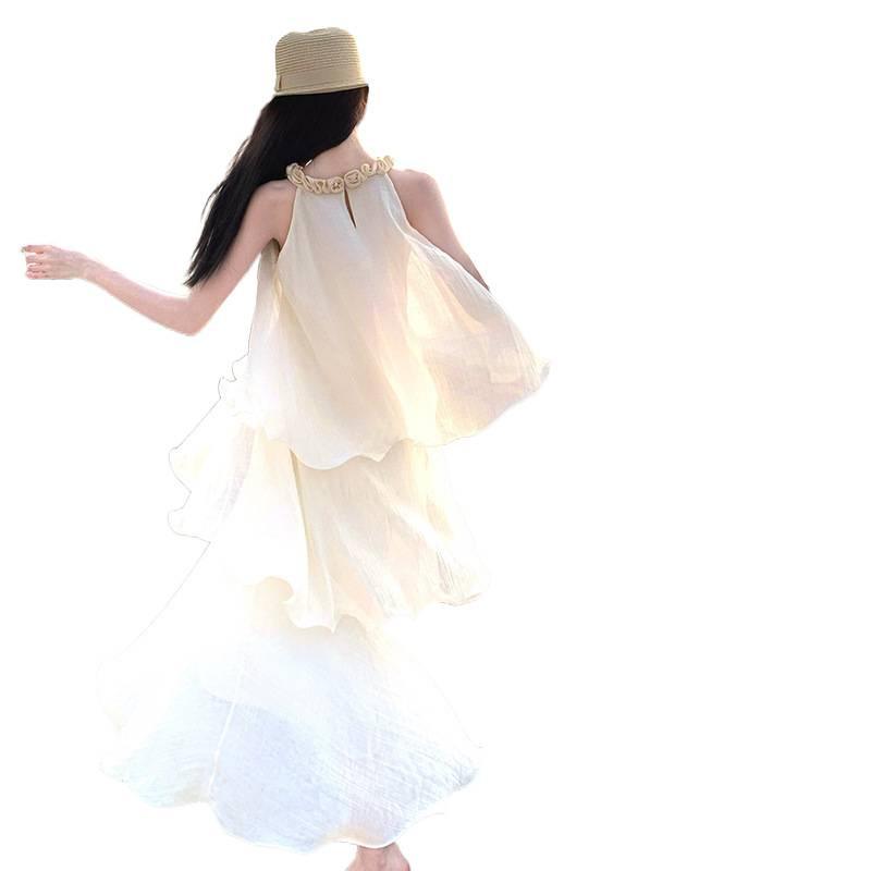 High-end design Magnolia neck sleeveless cake dress seaside vacation sexy off-the-shoulder super fairy dress