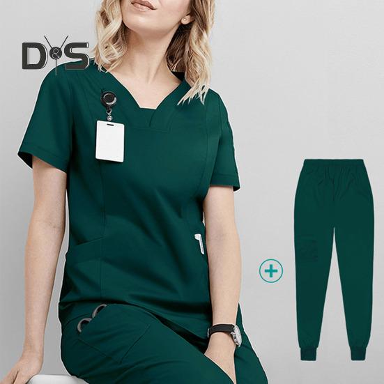 2 stk/sett Dame Sykehusuniformsett V-hals Kort ermet Lommer Topper Elastisk midje Joggebukser Sett Hurtigtørkende Sykehus Tannlege Sykepleierdrakt