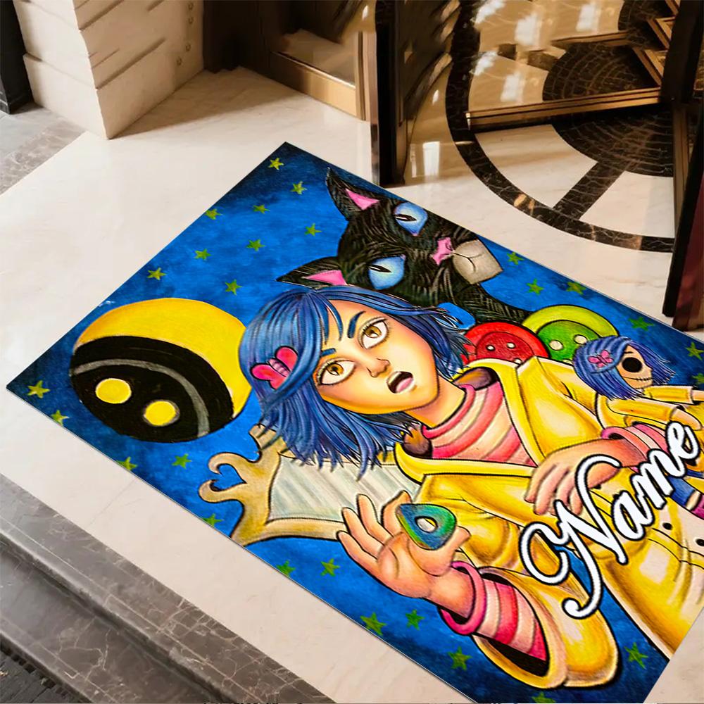 Coraline's Whimsical Journey Customized Name Floor Mat Perfect for Playrooms Bedrooms Foyer Balcony Antislip Carpet Anime Office Decor