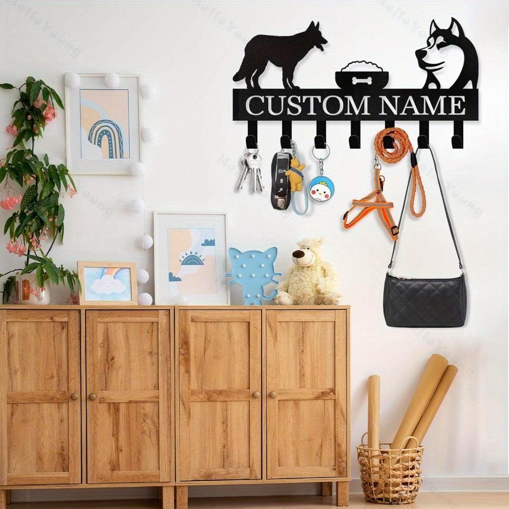 Metal Wall Art Decor, Dog Leash Holder with Hooks, Entryway Organizer, Handmade Tin Painting, Farmhouse Rustic Gift