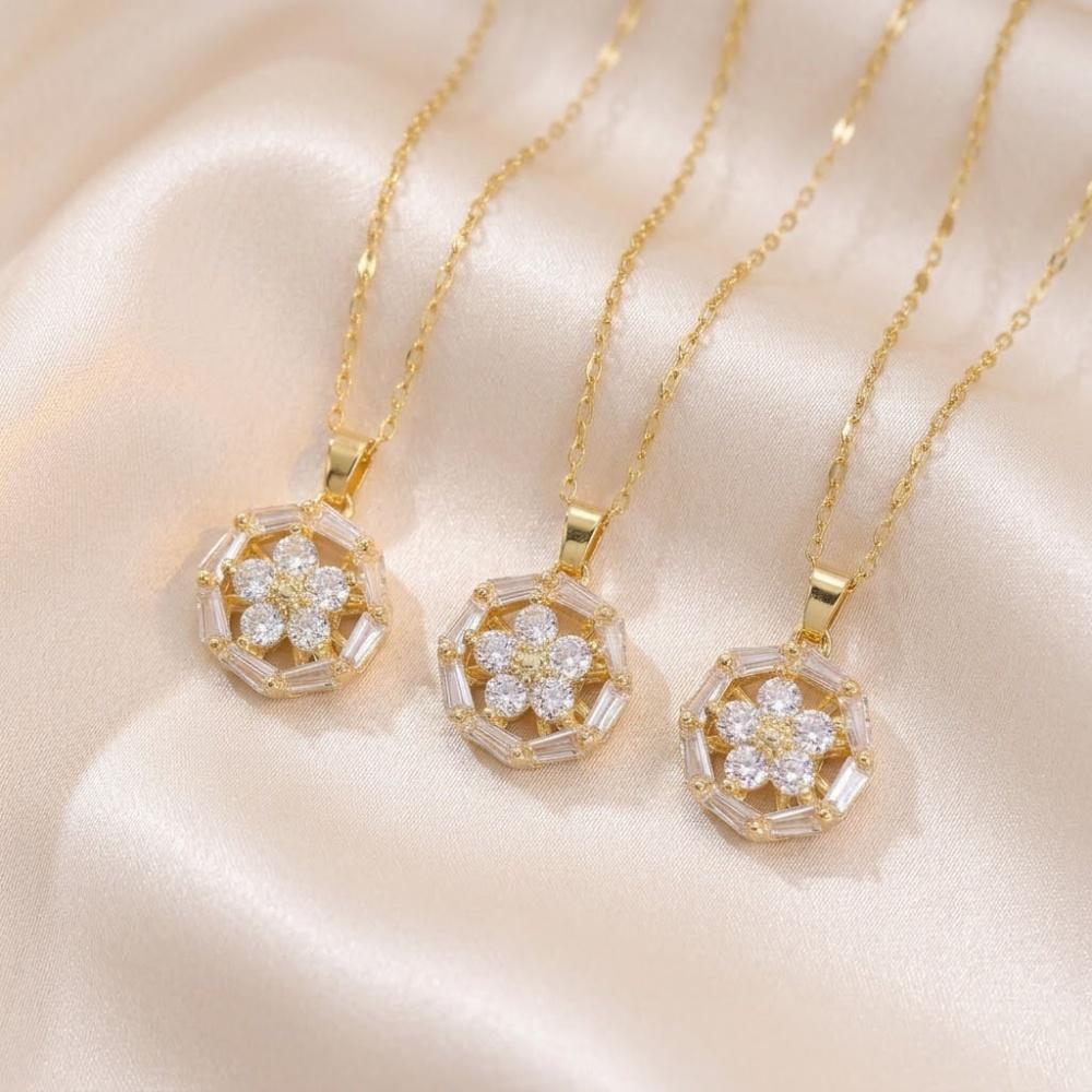 Cute Plant Female White Zircon Stone Spinner Round Skeleton Flower Pendant Necklace Gold Color Wedding Jewelry For Women