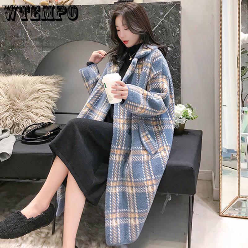 Women's Coats and Jackets Fashion Women's Plaid Double-Breasted Woolen Coat Ladies Overcoat