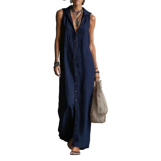Hooded Sleeveless Maxi Dress for Women Button Down Casual Shirt Dress with Pockets Summer Beach Sweatshirt Long Dress
