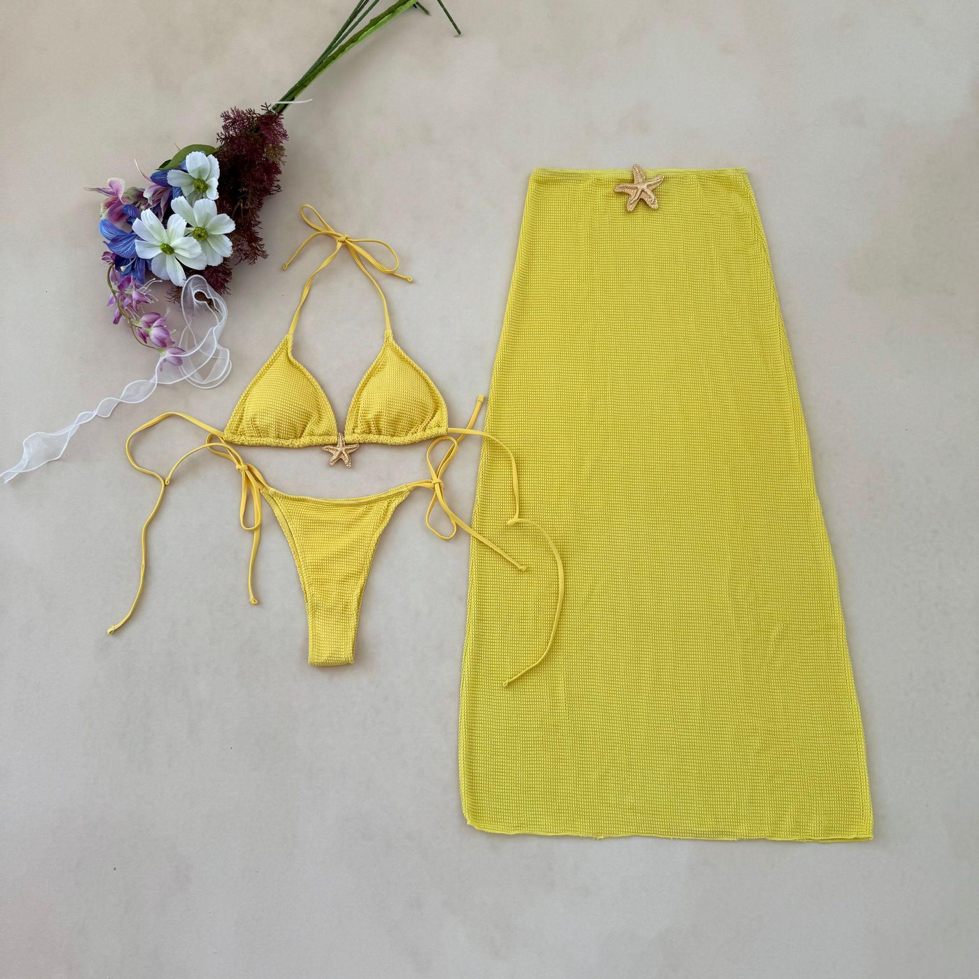 2026 European and American New Solid Color Mesh Dress Starfish Swimsuit Swimsuit Three-piece Bikini S