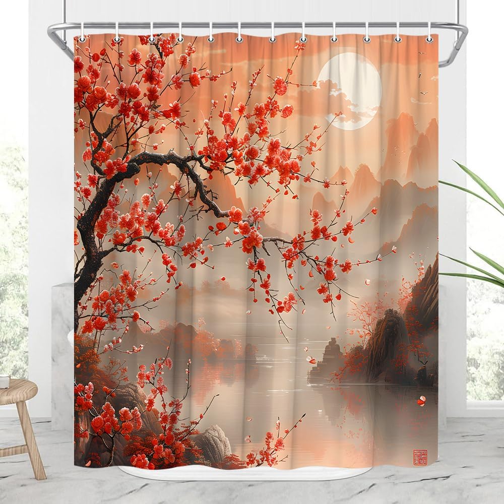 Japanese Shower Curtain Asian Cherry Blossom Floral Mountain Cool Watercolor Abstract Art Rustic Vintage Watercolor Farmhouse 90x180CM