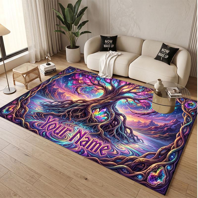 Tree of Life Theme Soft Crystal Velvet Rug Custom Name & Text Print Non Slip Floor Rug for Bedroom Living Room