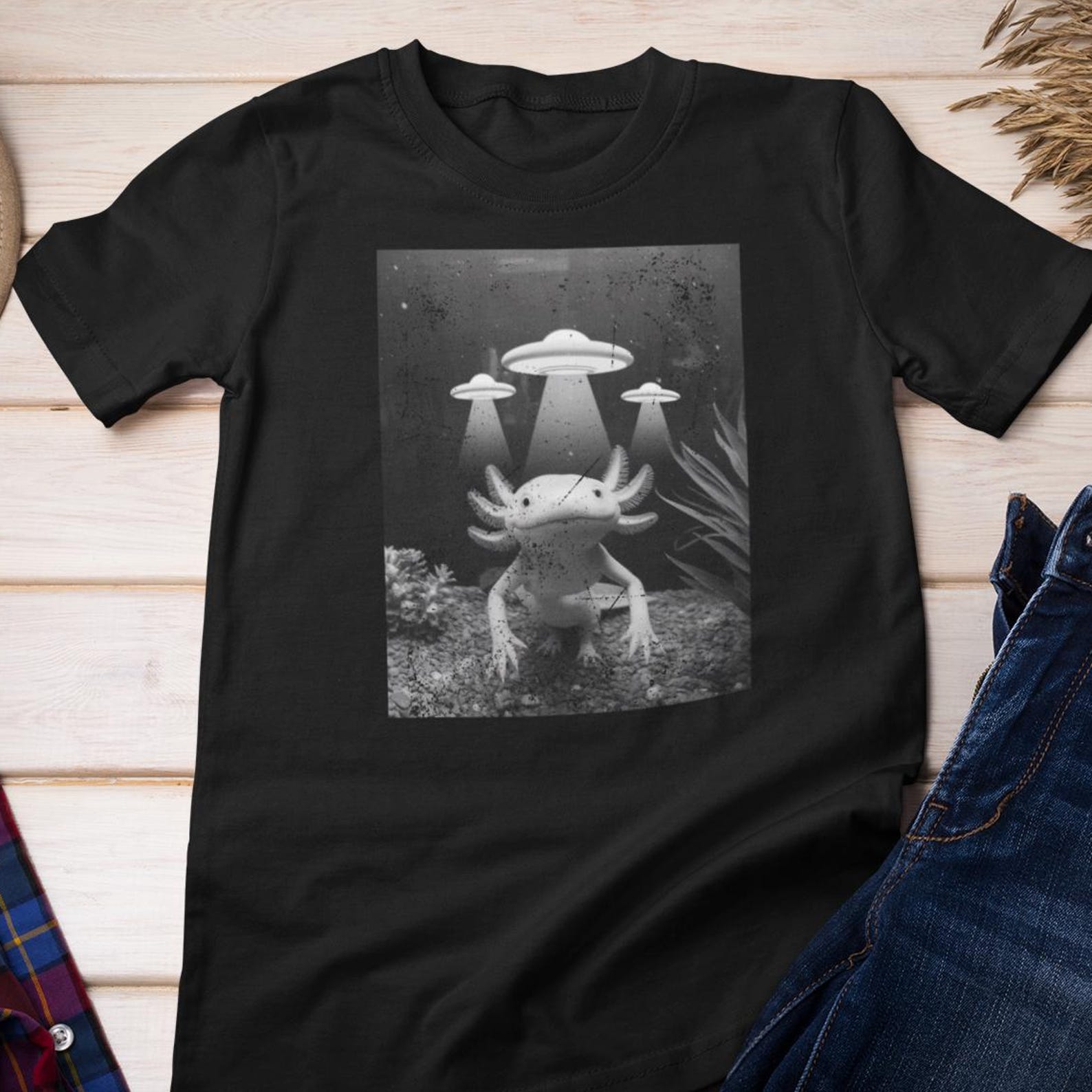 UFO Axolotl T-Shirt | Alien Salamander Graphic Cotton Tee 4XL