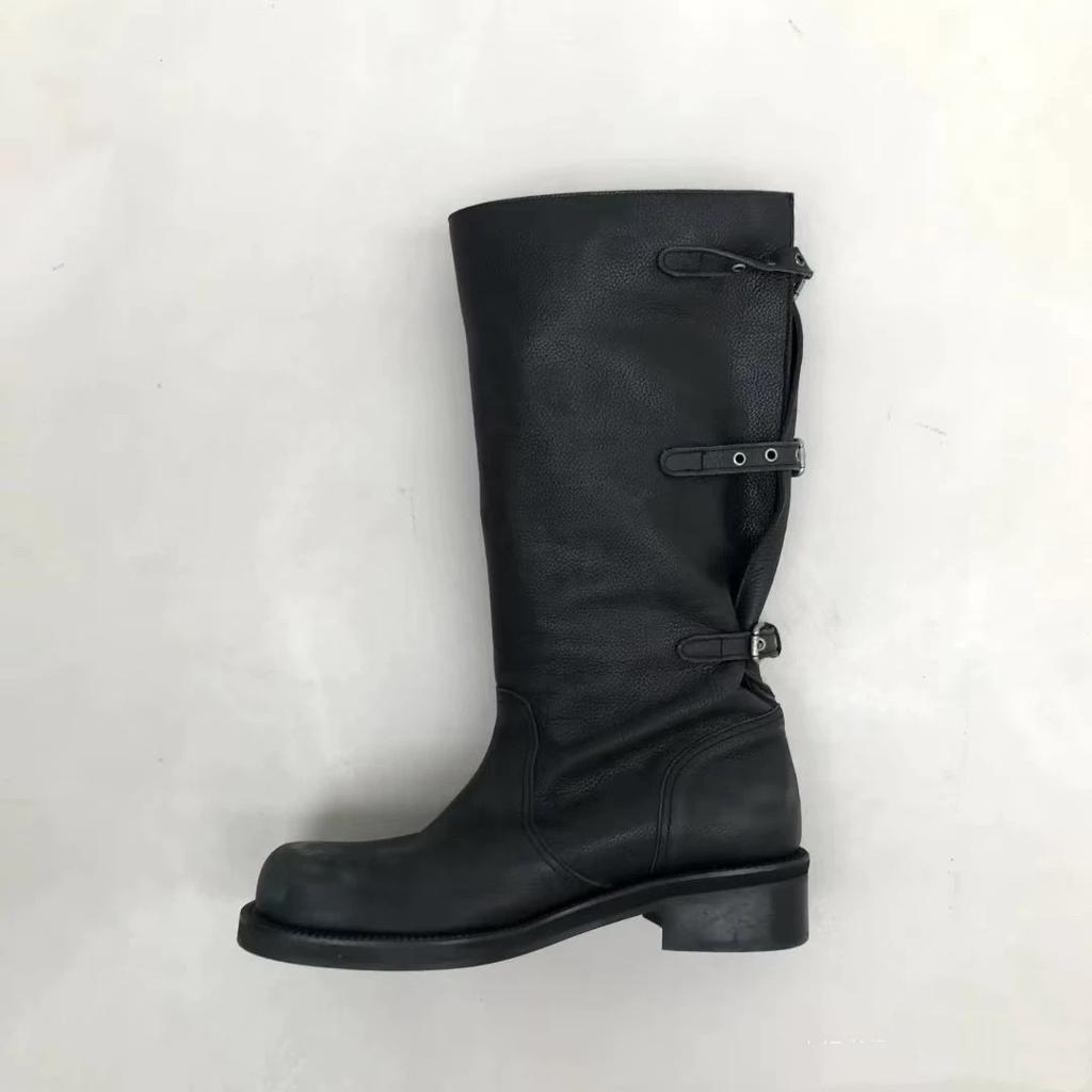 Cowhide version Korean niche flip two-wear boots stacking boots women's belt buckle locomotive Martin boots mid-range western boots
