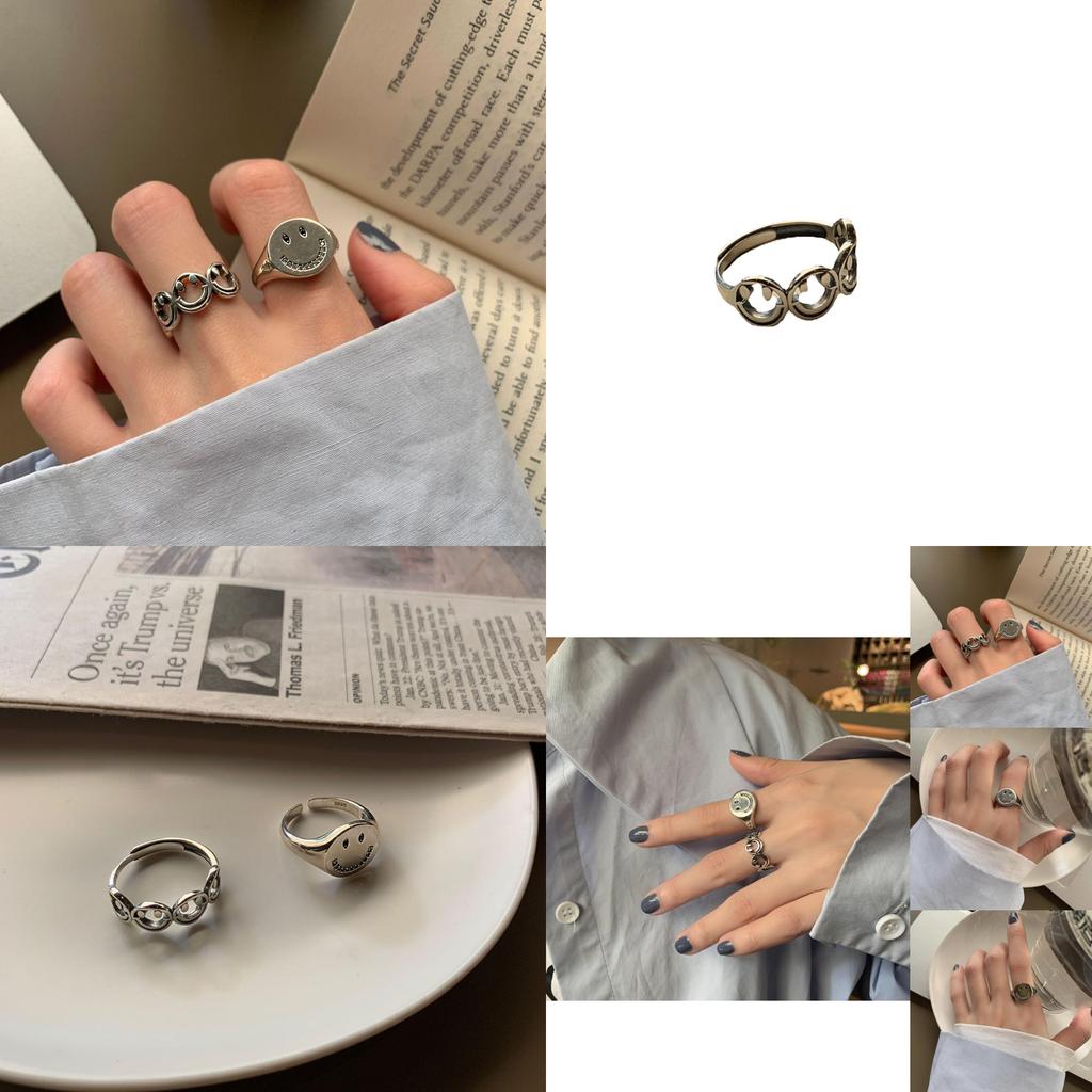 Vintage Korean Inspired Adjustable Ring With Rhinestone Smiley Face Design For Fashionable Women