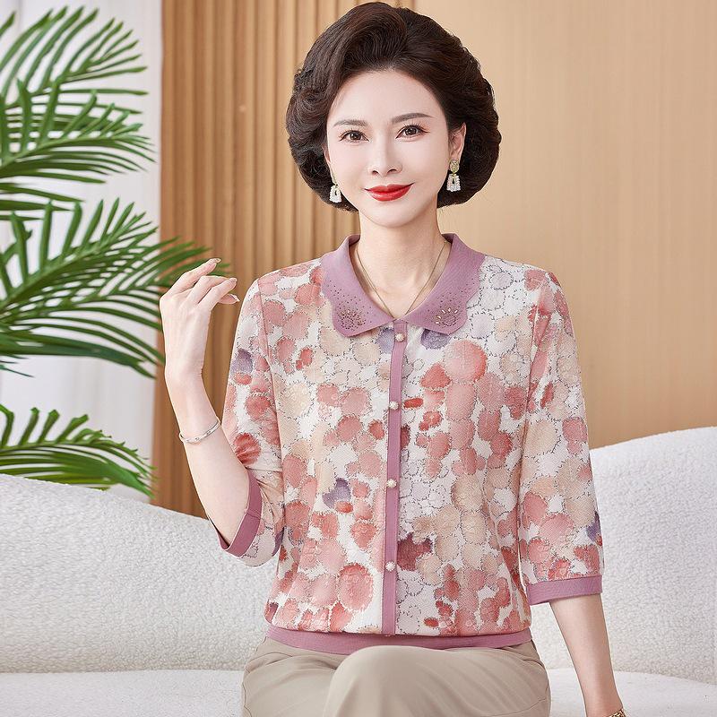 

Стильный трикотаж Весна 2025 для женщин среднего возраста: Модный повседневный топ 4XL for 135-145 jin фиолетовый/розовый