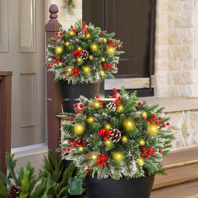 Pre-lit Christmas Tree Urn Filler 20 Inch Artificial Pine Tree with Pinecone Red Berries Battery Powered Light Up Planter Filler with Tripod Stake