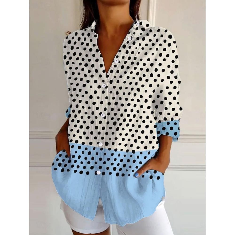 Women's Shirts Dot Graphics Blouse Lapel Neck Blouse Women's Long Sleeve Shirts Womens Clothes Female Clothing
