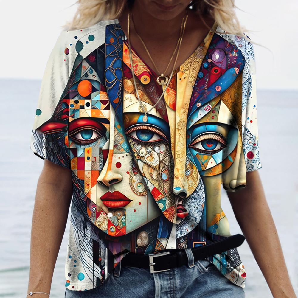 Funny 3D Beauty Pattern Women's T-Shirts Fashion V-neck Short Sleeve Top Summer Street Hip Hop Tee Fashion Loose Female Clothing