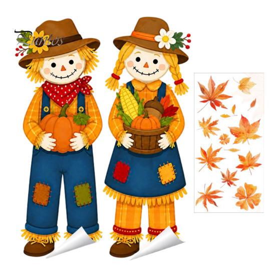 Harvest Festival Glass Stickers Fall Window Clings, Autumn Scarecrow Maple Leaf Stickers, Reusable Double-Sided Theme Ornaments Static PVC Decals for