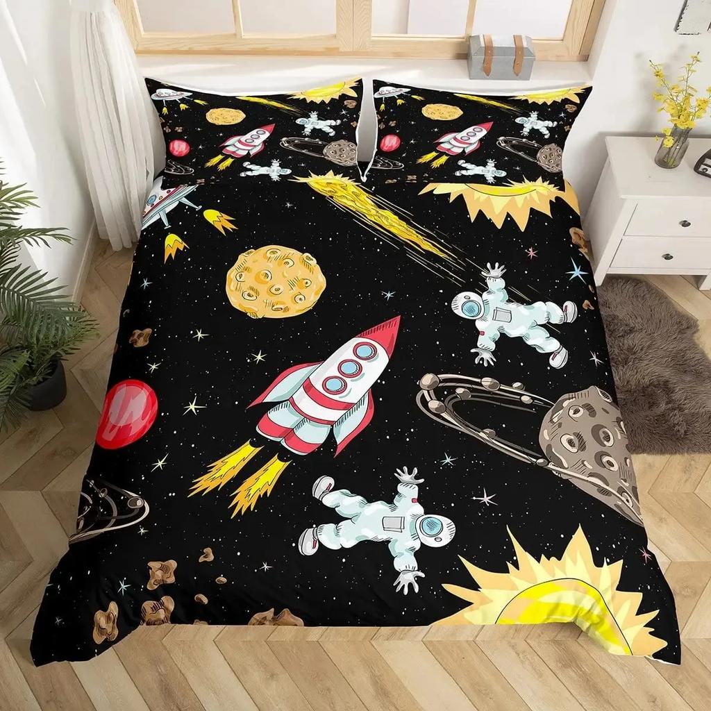 Modern Rocket Ship Duvet Cover Set Full Size,Space Ship Galaxy Bedding Set,Boys Girls Rocket Planet Star Cartoon Comforter Cover