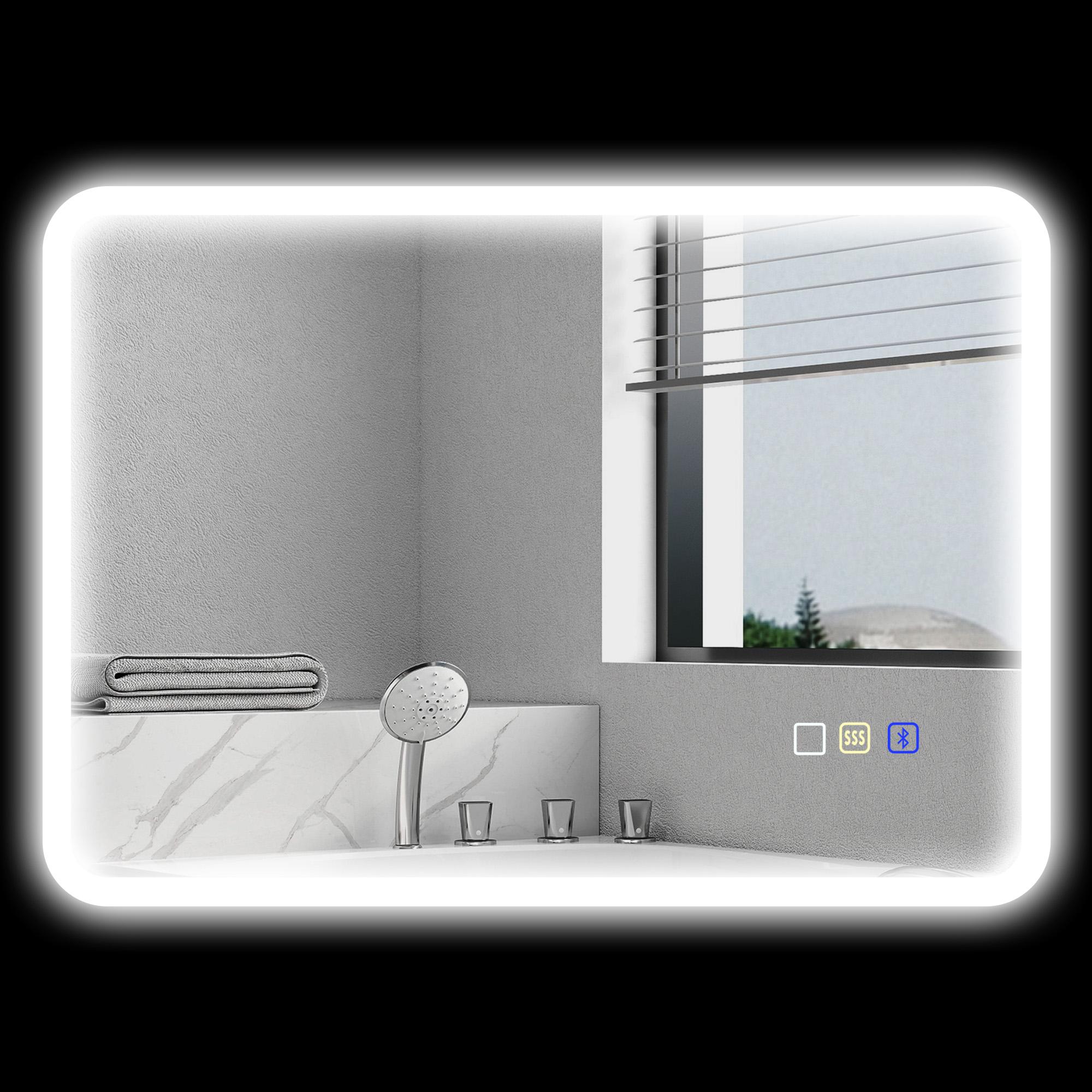 Miroir de Salle de Bain LED Bluetooth 50 X 70 Cm Interrupteur Tactile Lumière Réglable 3 Couleurs Anti-Brouillard Mémoire Argent