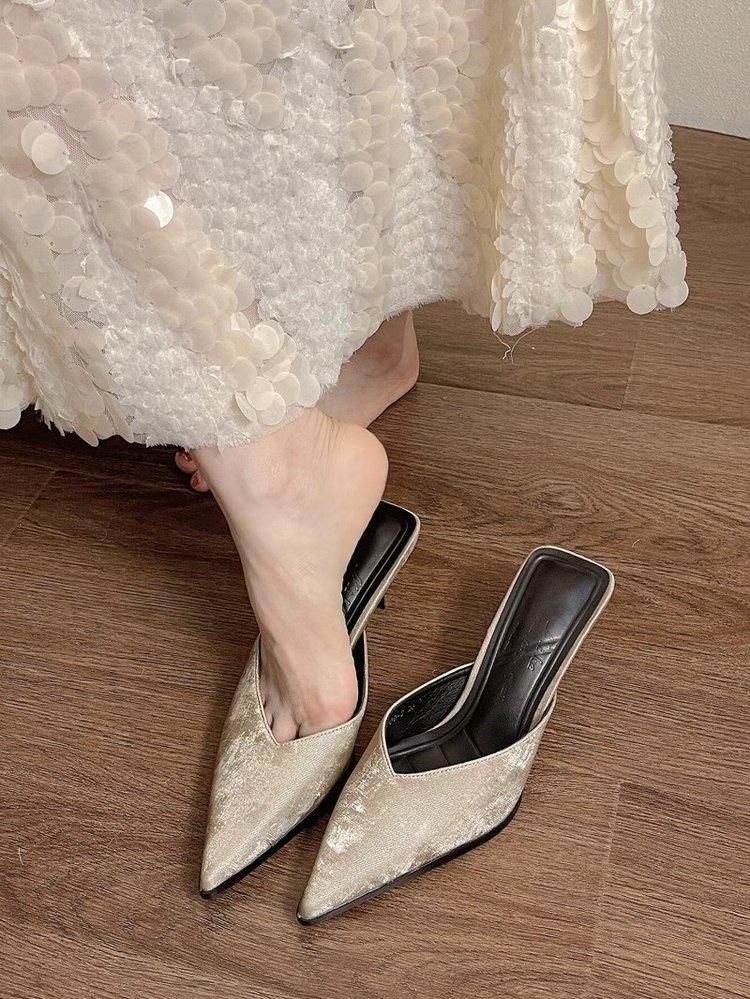Fashion 2025 New Thin Pointed Thin Heel V-mouth High Heel Temperament Bao Head Half Slippers Women Wear