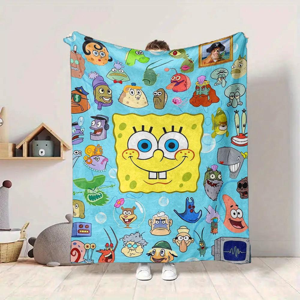 1Pc Spongebob Squarepants Characters Flannel Blanket, Soft And Comfortable, Casual Warm, Camping Travel, Christmas, Halloween Xmas Gift L131
