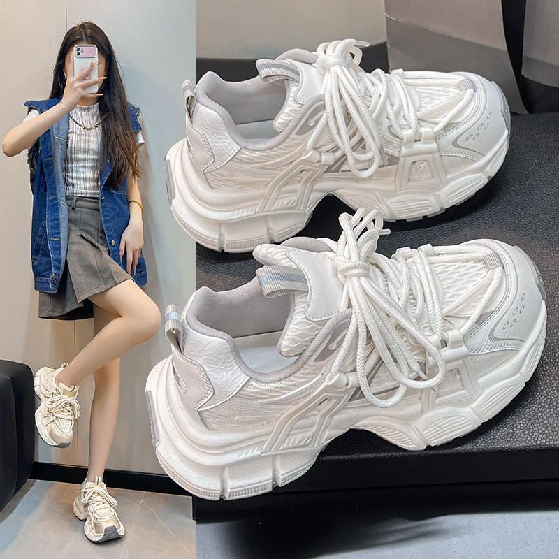 Fashion thick-soled 2025 spring new mesh breathable heightening soft-soled versatile lightweight sports and leisure shoes