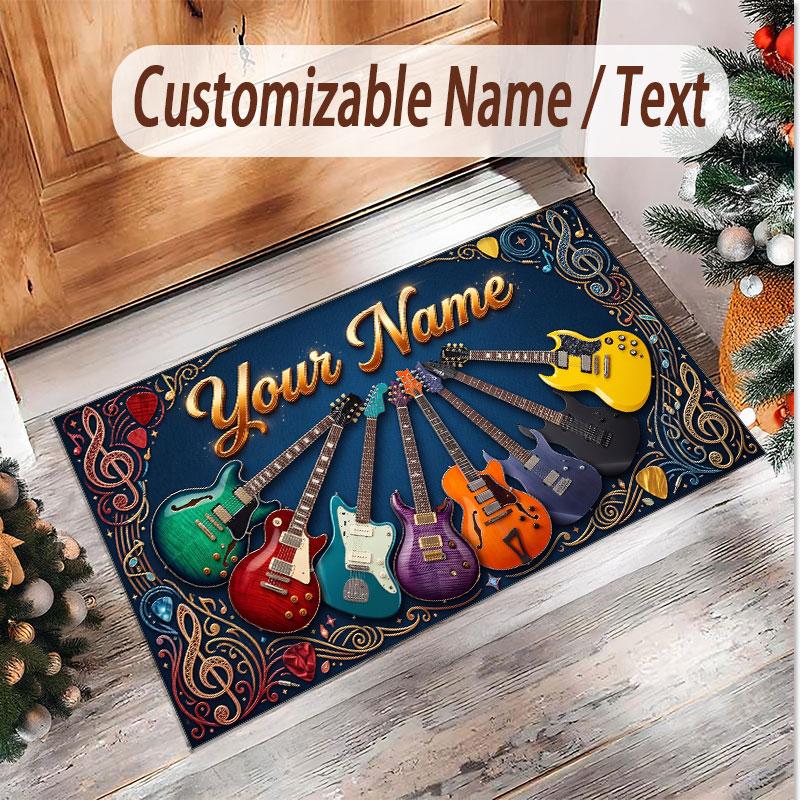 Music Guitar Theme Soft Crystal Velvet Rug Custom Name & Text Print Non Slip Floor Rug for Bedroom Living Room