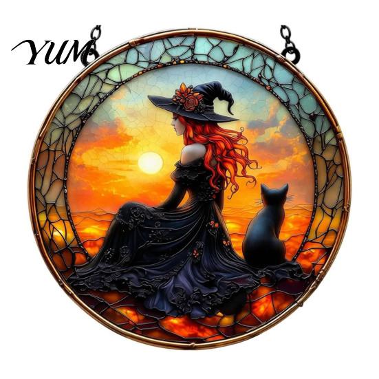 Unique Birthday Gift for Her Halloween Moon Black Cat Suncatcher Jigsaw Puzzle, 2D Acrylic Mystical Feline Window Hanging Tiffany Style Light