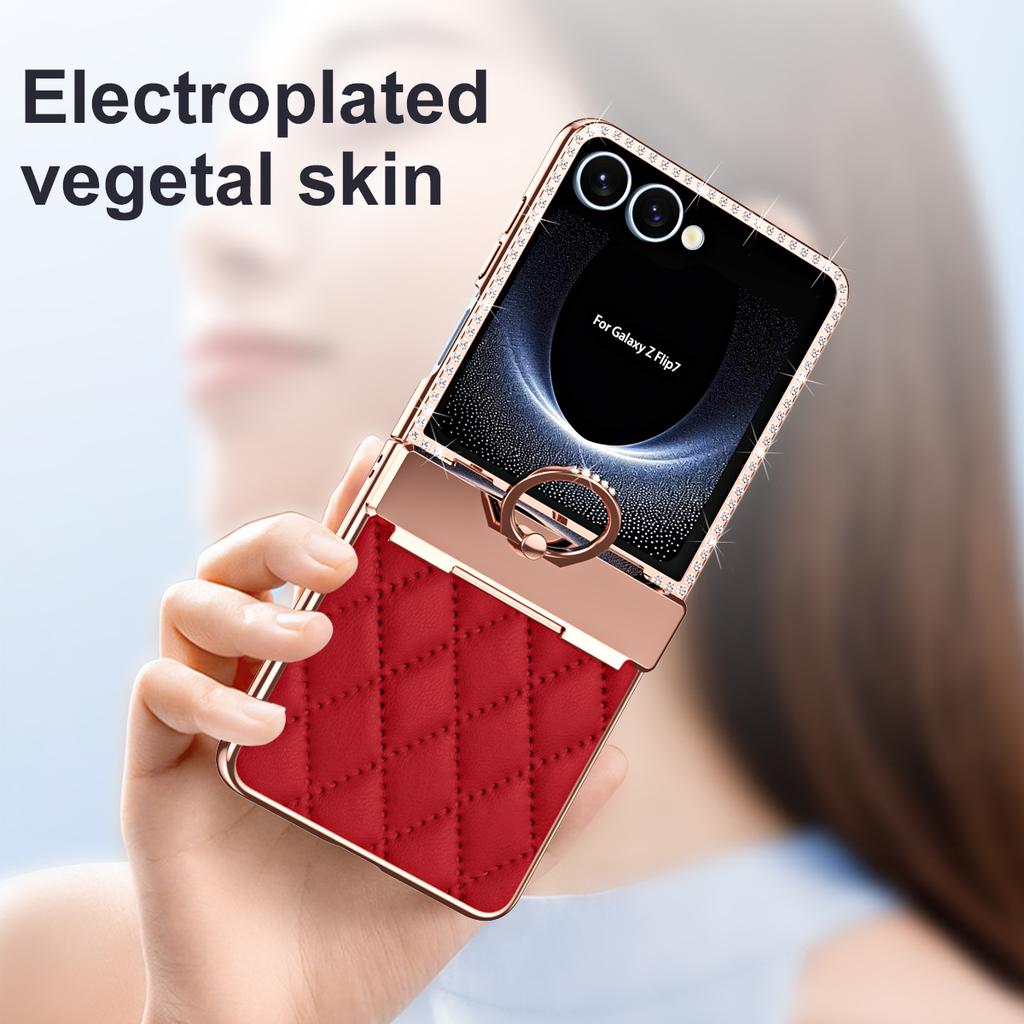 For Samsung Galaxy Z Flip7 5G Case Rhinestone Decoration Ring Holder Rhombus Leather + PC Phone Cover