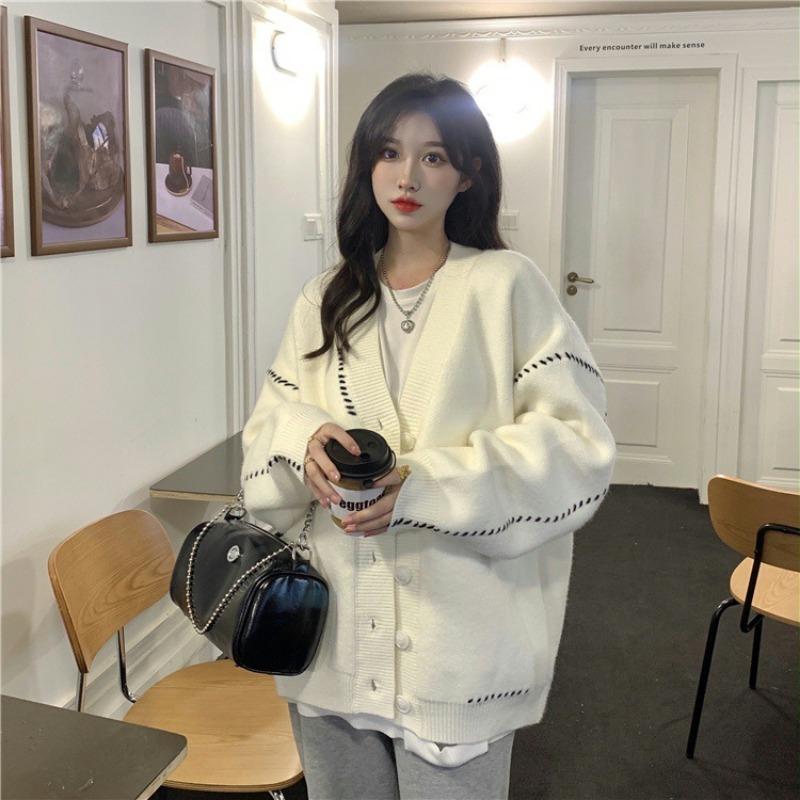 Autumn Winter Patchwork Loose Casual Cardigan Sweater Coat Women Single Breasted Knitting Outwear Top